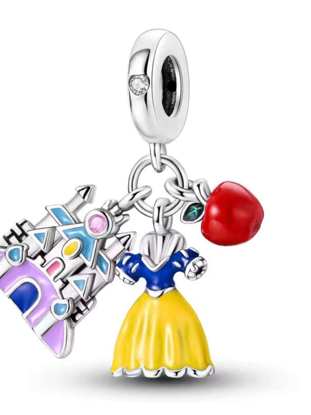 Sterling Silver-tone Fairytale Charm Dangle with Yellow Dress and Red Apple